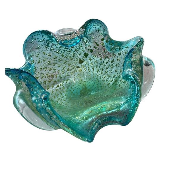 Murano Other - Vtg Murano Bollinato Blue Metallic Gold Fleck Scalloped Art Glass Bowl Ashtray